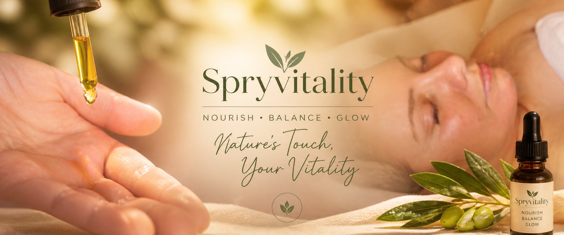 Aromatherapy oil being dropped into an open palm beside a relaxed client, with the Spryvitality wordmark